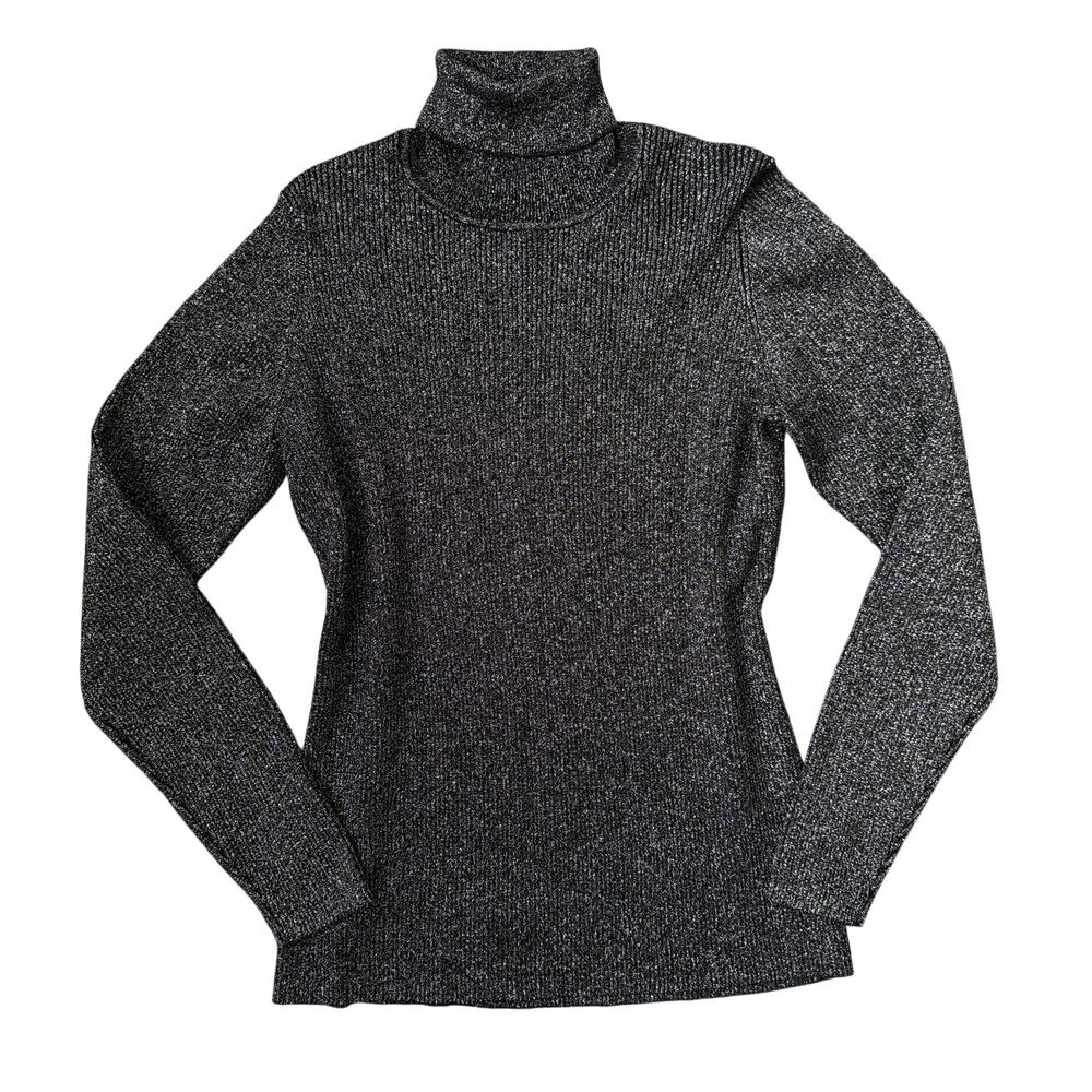 Vintage Metallic Sweater Black Silver Turtleneck Glam Disco Party Sparkly Top M